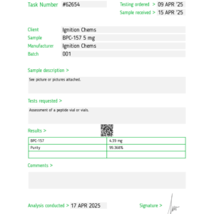 BPC-157 Certificate of Analysis. Peptide third-party tested by janoshik showing purity levels. For research use only from Ignition Chems.