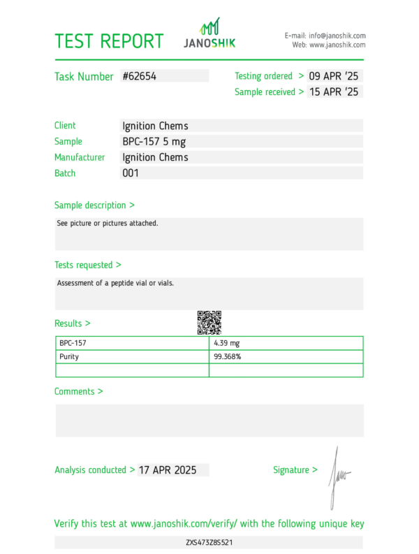 BPC-157 Certificate of Analysis. Peptide third-party tested by janoshik showing purity levels. For research use only from Ignition Chems.
