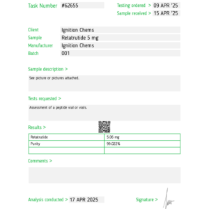 Retatrutide janoshik lab test results. Certificate of Analysis confirming peptide purity for laboratory research from Ignition Chems.