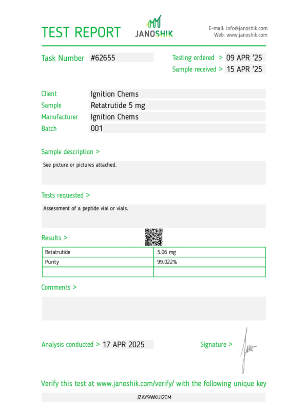 Retatrutide janoshik lab test results. Certificate of Analysis confirming peptide purity for laboratory research from Ignition Chems.