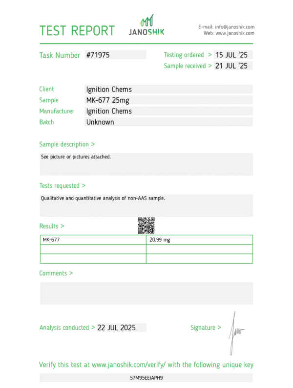 MK-677 janoshik lab test results. Certificate of Analysis confirming peptide purity for laboratory research from Ignition Chems.