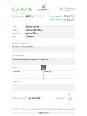 Clenbuterol janoshik lab test results. Certificate of Analysis confirming peptide purity for laboratory research from Ignition Chems.