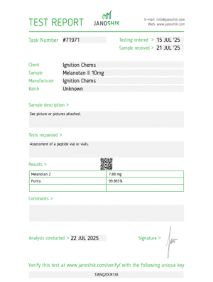 Melanotan-II janoshik lab test results. Certificate of Analysis confirming peptide purity for laboratory research from Ignition Chems.