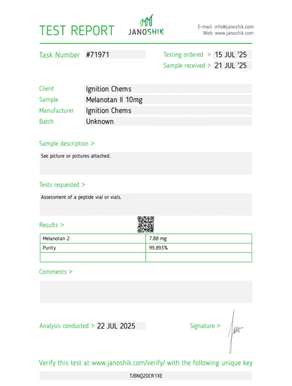 Melanotan-II janoshik lab test results. Certificate of Analysis confirming peptide purity for laboratory research from Ignition Chems.