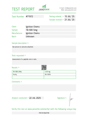 TB-500 janoshik lab test results. Certificate of Analysis confirming peptide purity for laboratory research from Ignition Chems.