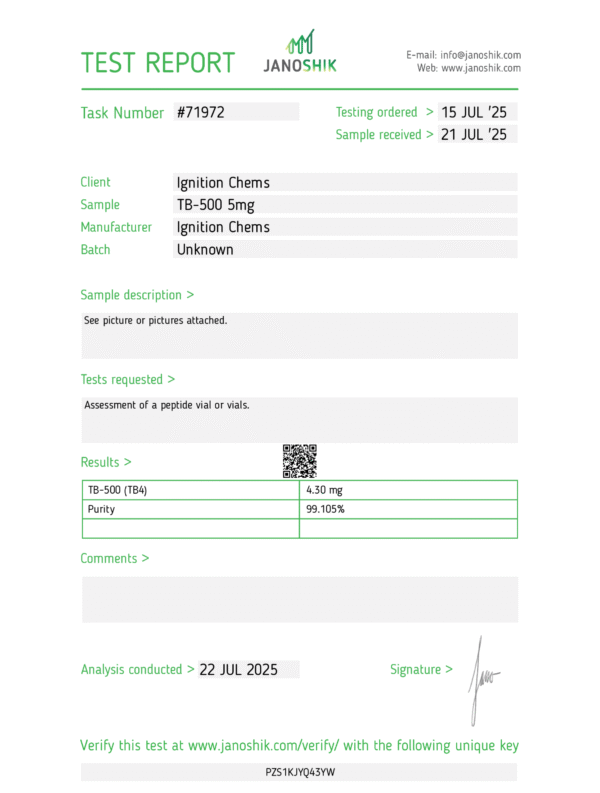 TB-500 janoshik lab test results. Certificate of Analysis confirming peptide purity for laboratory research from Ignition Chems.