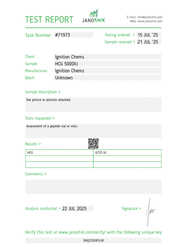 HCG janoshik lab test results. Certificate of Analysis confirming peptide purity for laboratory research from Ignition Chems.